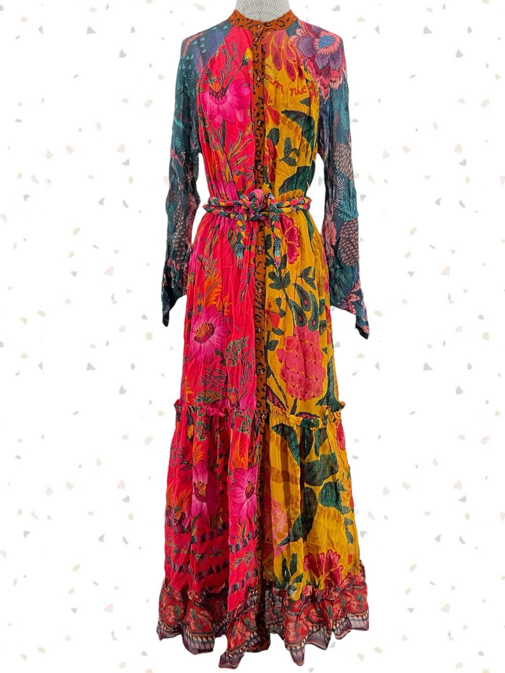 Farm Rio Bright Mixed Print Long Sleeve Button Down Maxi Dress Yellow Red Size S